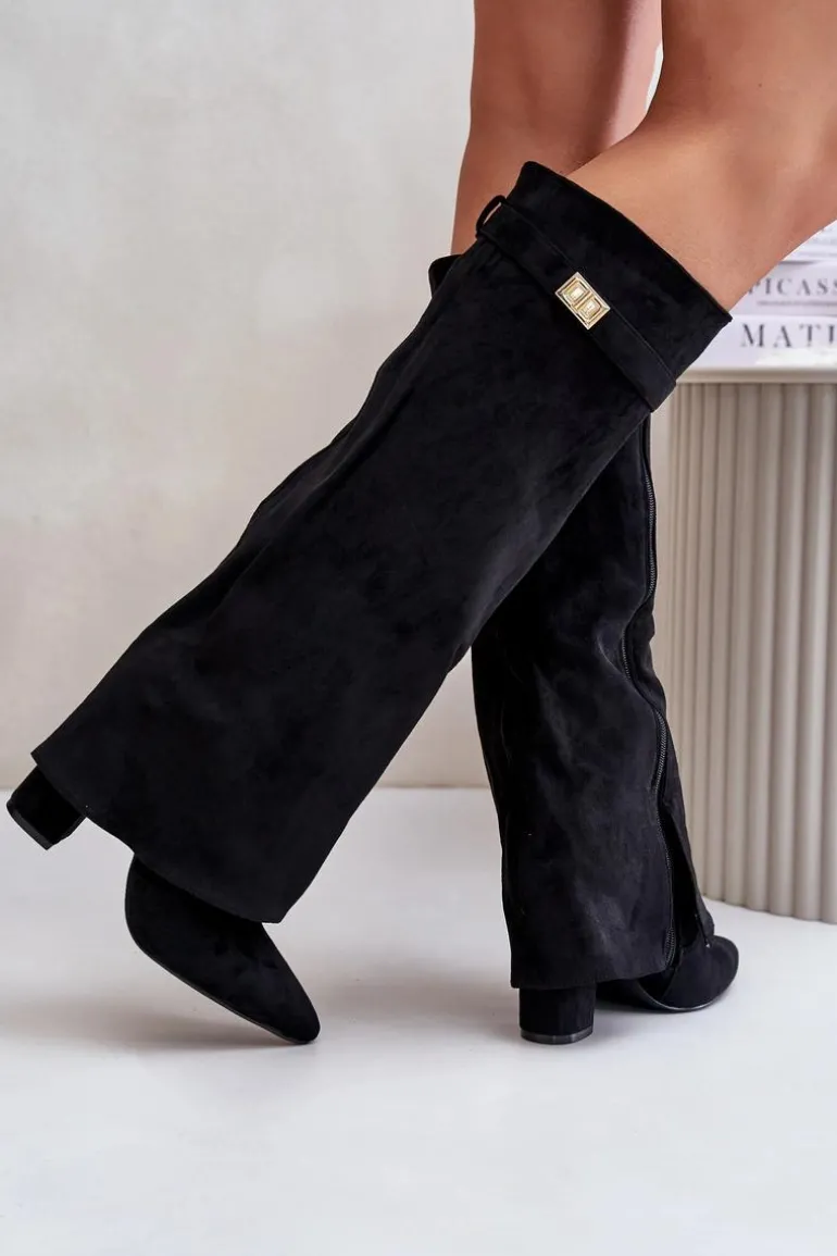 Kozaki Na Słupku Z Wywiniętą Cholewką Ocieplane Czarne Urelli