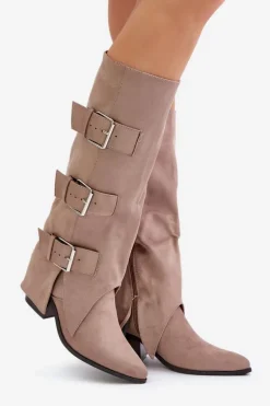 Kozaki Na Słupku Z Wywiniętą Cholewką I Klamrami Beżowe Vamissa