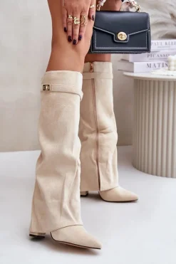 Kozaki Na Słupku Z Wywiniętą Cholewką Ocieplane Jasnobeżowe Urelli