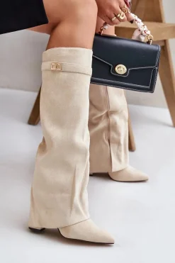 Kozaki Na Słupku Z Wywiniętą Cholewką Ocieplane Jasnobeżowe Urelli