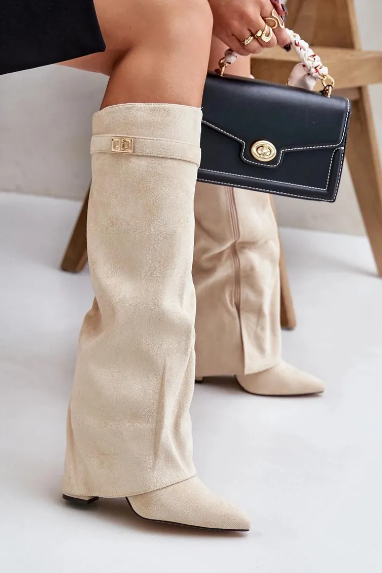 Kozaki Na Słupku Z Wywiniętą Cholewką Ocieplane Jasnobeżowe Urelli