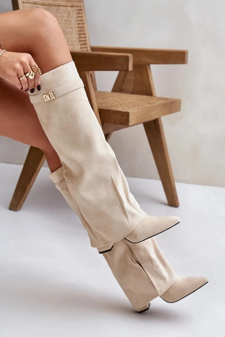 Kozaki Na Słupku Z Wywiniętą Cholewką Ocieplane Jasnobeżowe Urelli