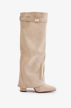 Kozaki Na Słupku Z Wywiniętą Cholewką Ocieplane Jasnobeżowe Urelli