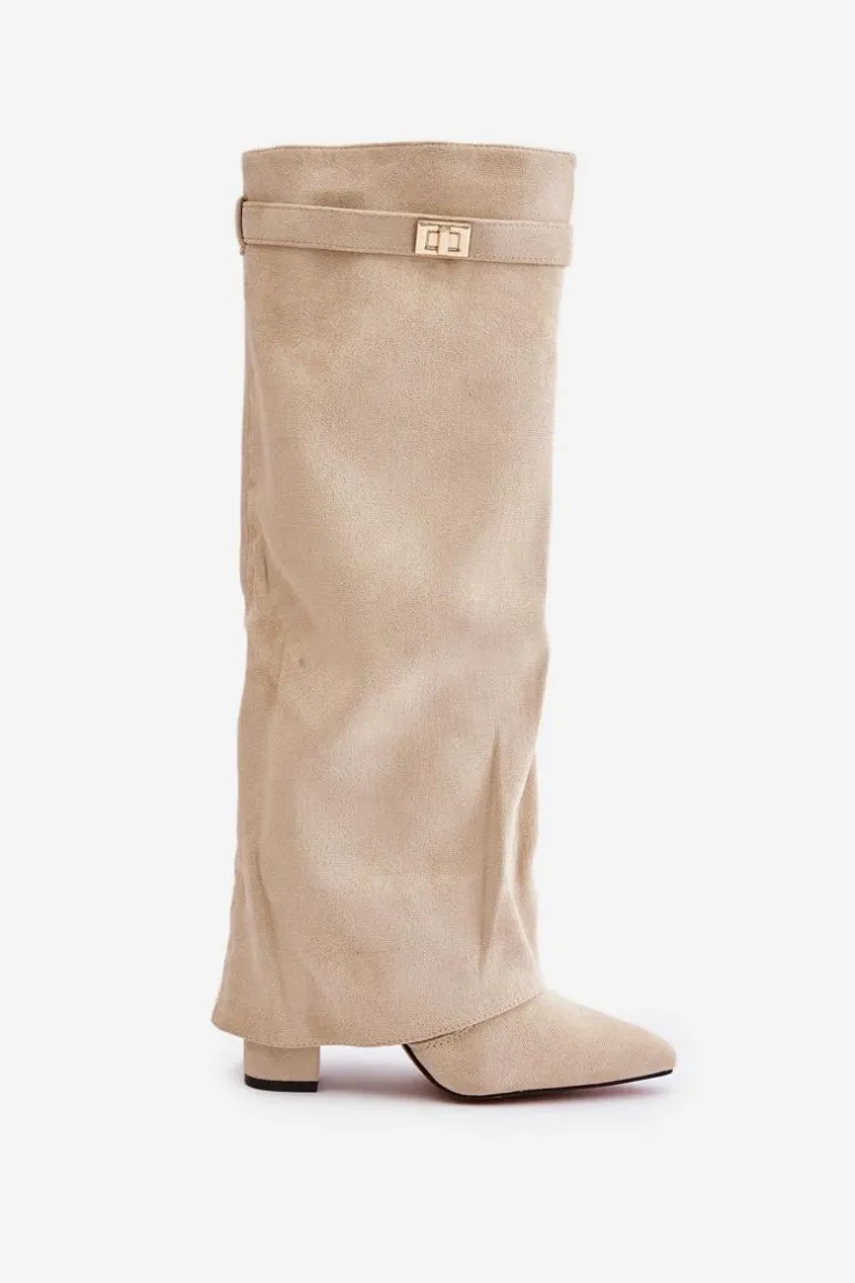 Kozaki Na Słupku Z Wywiniętą Cholewką Ocieplane Jasnobeżowe Urelli