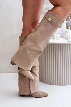 Kozaki Na Słupku Z Wywiniętą Cholewką Ocieplane Beżowe Urelli