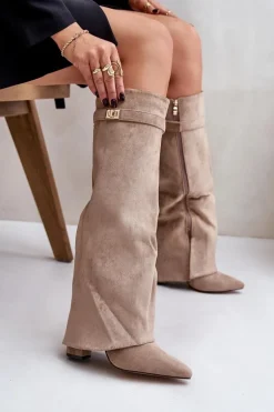 Kozaki Na Słupku Z Wywiniętą Cholewką Ocieplane Beżowe Urelli