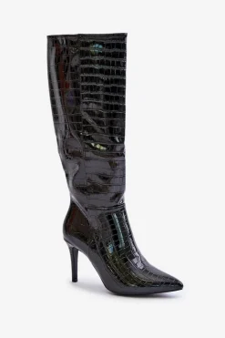 Kozaki Na Szpilce Z Tłoczeniem Czarne Reanwenna