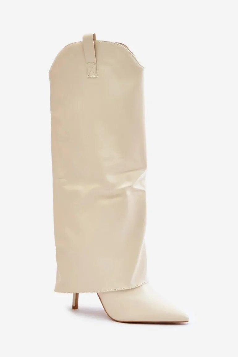 Kozaki Na Szpilce Z Wywiniętą Cholewką Jasnobeżowe Bellinna