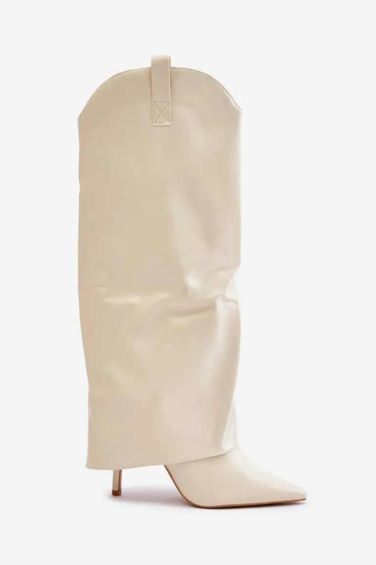 Kozaki Na Szpilce Z Wywiniętą Cholewką Jasnobeżowe Bellinna