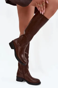 Kozaki Oficerki Damskie Na Niskim Obcasie Ocieplane Brązowe Averna