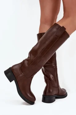 Kozaki Oficerki Damskie Na Niskim Obcasie Ocieplane Brązowe Averna