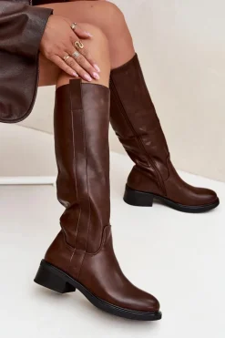 Kozaki Oficerki Damskie Na Niskim Obcasie Ocieplane Brązowe Averna