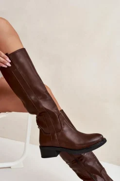 Kozaki Oficerki Damskie Na Niskim Obcasie Ocieplane Brązowe Averna