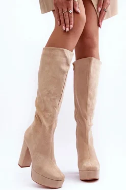 Kozaki Przed Kolano Na Obcasie I Platformie Beżowe Baldrema