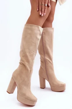 Kozaki Przed Kolano Na Obcasie I Platformie Beżowe Baldrema