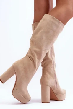 Kozaki Przed Kolano Na Obcasie I Platformie Beżowe Baldrema
