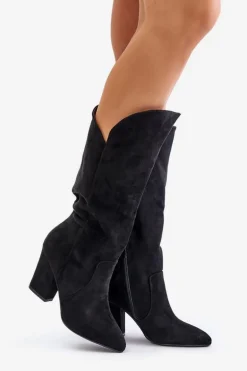 Kozaki Przed Kolano Na Słupku Z Eko Zamszu Czarne Clorira