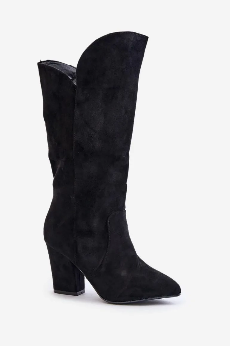 Kozaki Przed Kolano Na Słupku Z Eko Zamszu Czarne Clorira