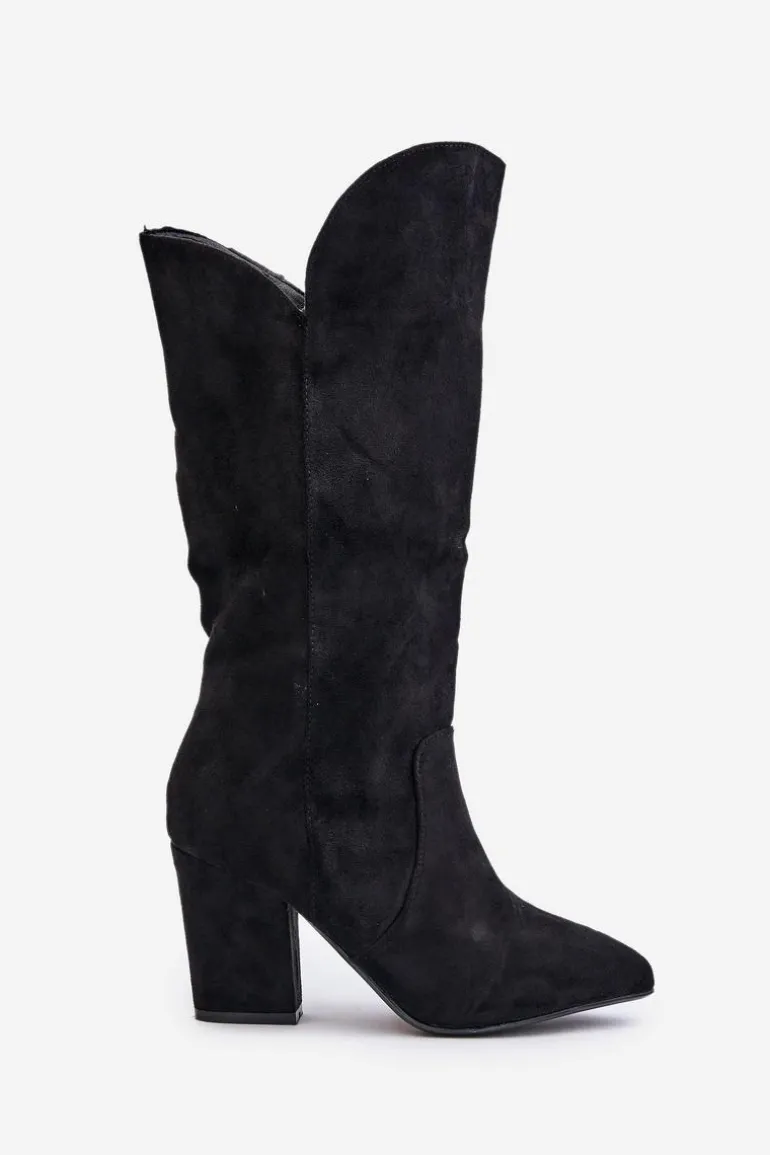 Kozaki Przed Kolano Na Słupku Z Eko Zamszu Czarne Clorira