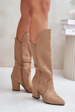 Kozaki Przed Kolano Na Słupku Z Eko Zamszu Beżowe Clorira