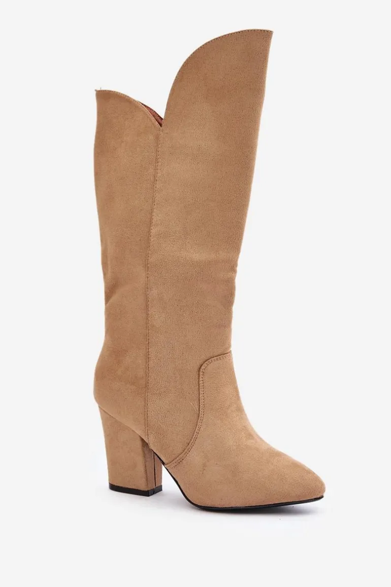 Kozaki Przed Kolano Na Słupku Z Eko Zamszu Beżowe Clorira