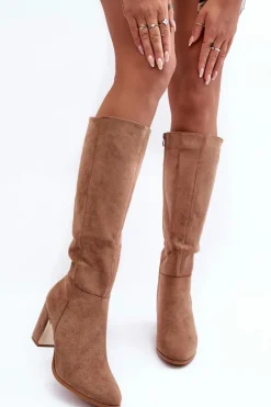 Kozaki Przed Kolano Na Słupku Zamszowe Ciemnobeżowe Kilrenita