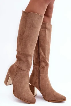 Kozaki Przed Kolano Na Słupku Zamszowe Ciemnobeżowe Kilrenita