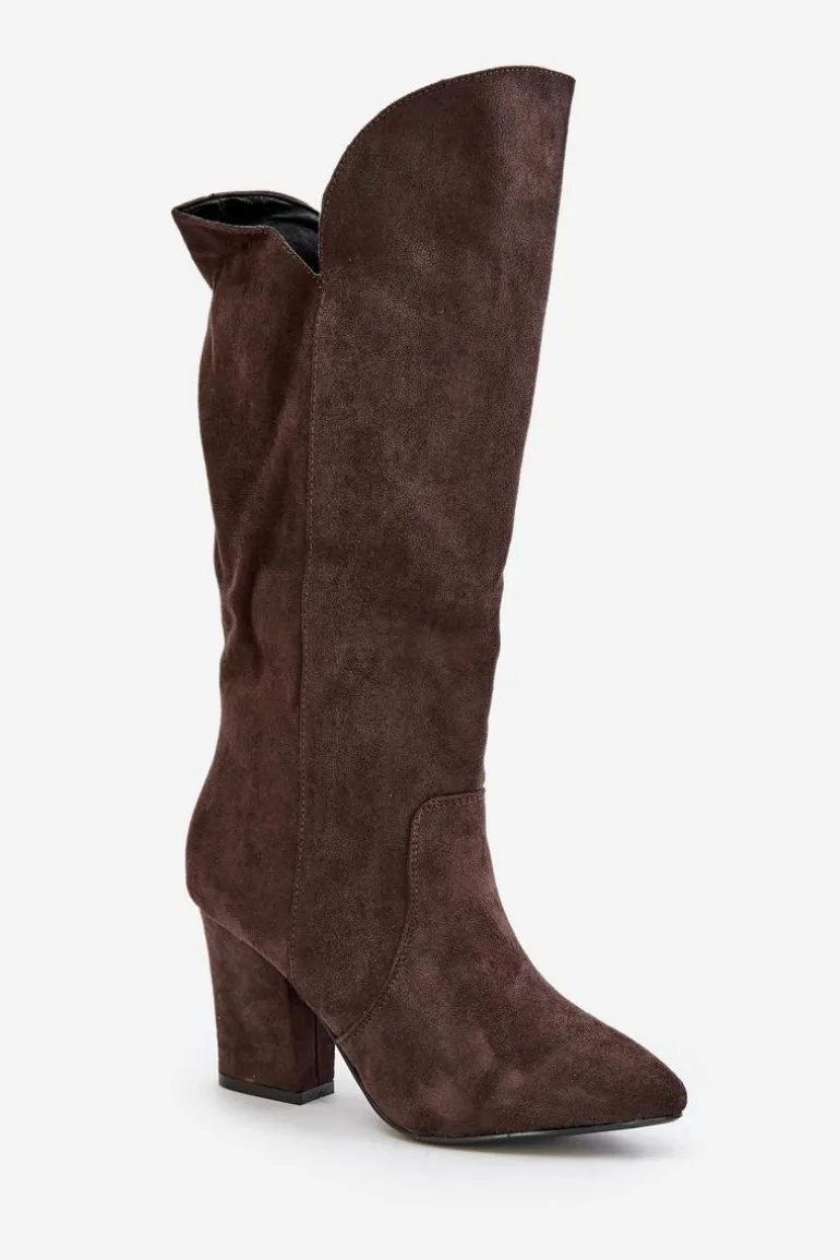 Kozaki Przed Kolano Na Słupku Z Eko Zamszu Brązowe Clorira