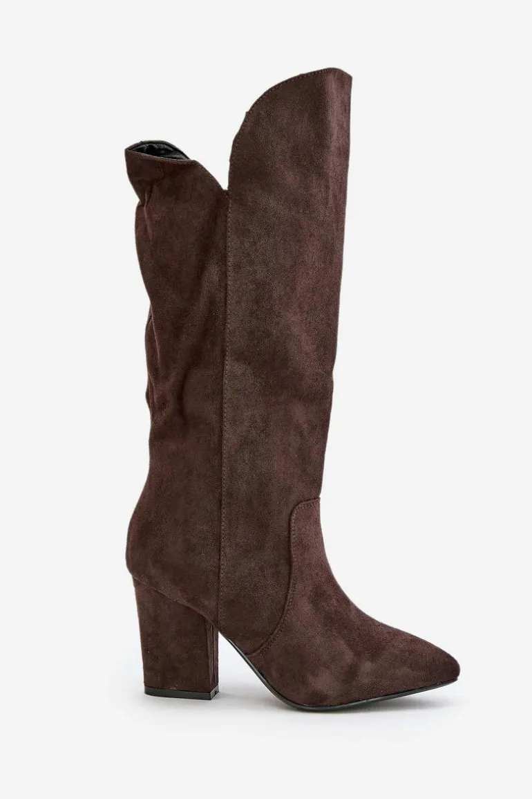 Kozaki Przed Kolano Na Słupku Z Eko Zamszu Brązowe Clorira