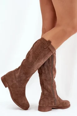 Kozaki Z Ażurową Cholewką Na Płaskim Obcasie S.Barski HY51-860 Brązowe