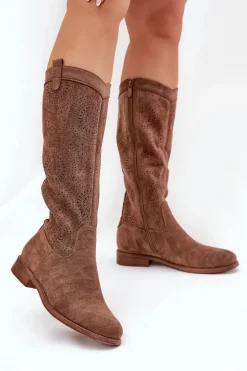 Kozaki Z Ażurową Cholewką Na Płaskim Obcasie S.Barski HY51-860 Brązowe