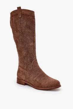 Kozaki Z Ażurową Cholewką Na Płaskim Obcasie S.Barski HY51-860 Brązowe