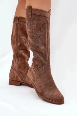 Kozaki Z Ażurową Cholewką Na Płaskim Obcasie S.Barski HY51-860 Brązowe