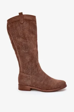 Kozaki Z Ażurową Cholewką Na Płaskim Obcasie S.Barski HY51-860 Brązowe