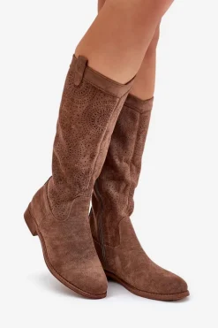 Kozaki Z Ażurową Cholewką Na Płaskim Obcasie S.Barski HY51-860 Brązowe