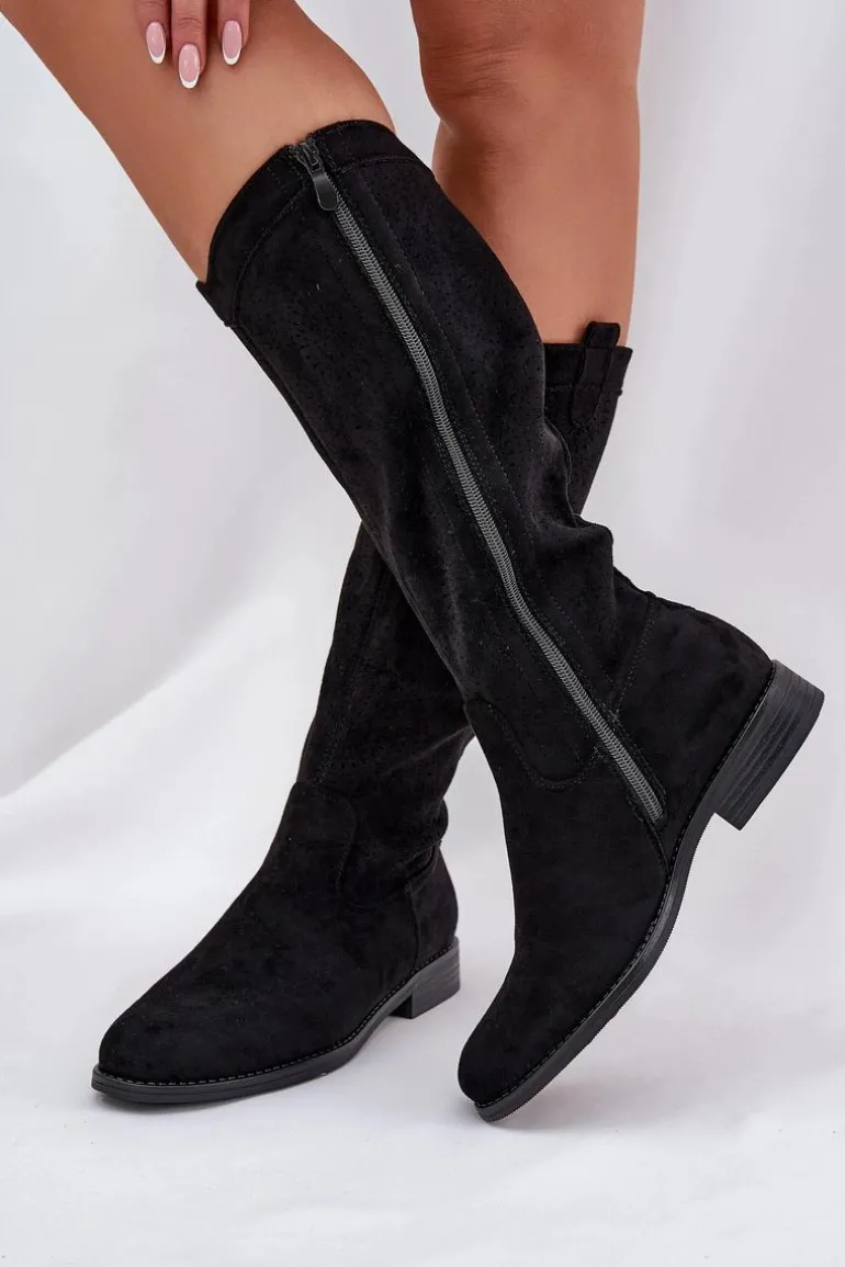 Kozaki Z Ażurową Cholewką Na Płaskim Obcasie S.Barski HY51-860 Czarne