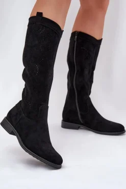 Kozaki Z Ażurową Cholewką Na Płaskim Obcasie S.Barski HY51-860 Czarne