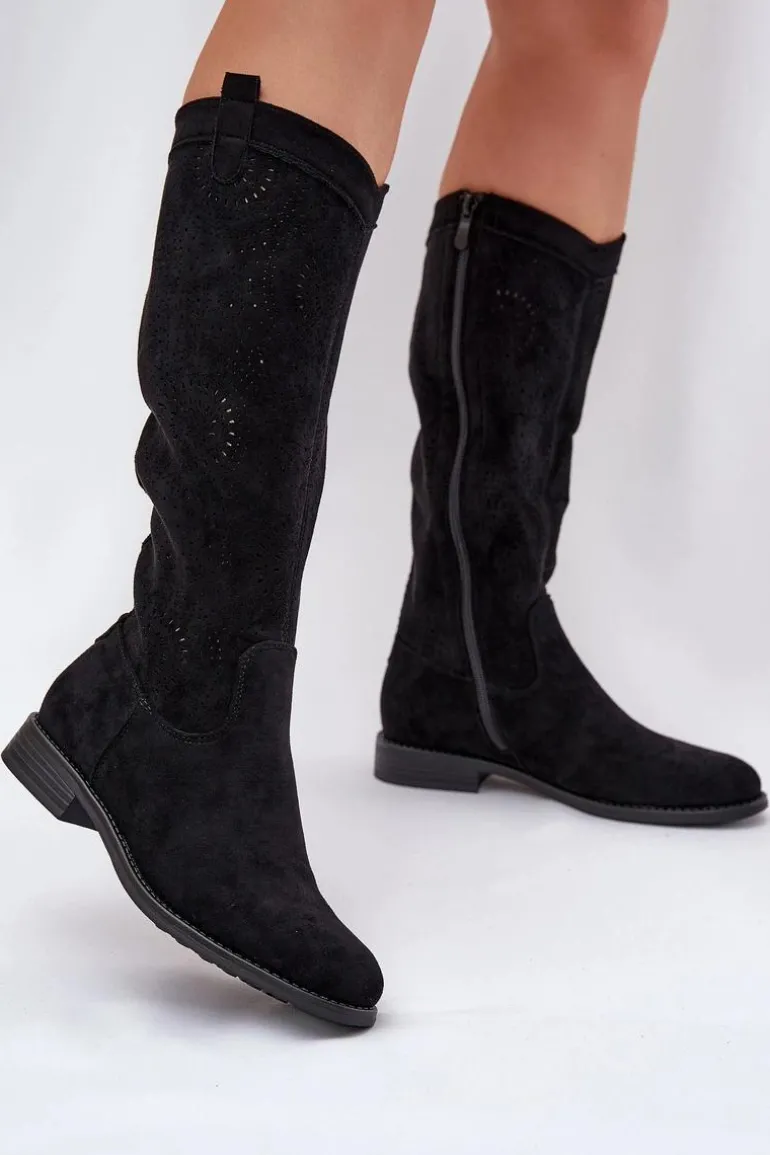 Kozaki Z Ażurową Cholewką Na Płaskim Obcasie S.Barski HY51-860 Czarne