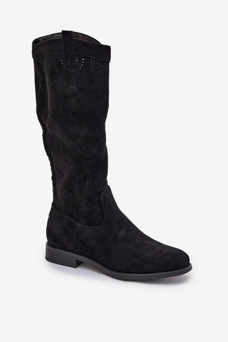 Kozaki Z Ażurową Cholewką Na Płaskim Obcasie S.Barski HY51-860 Czarne