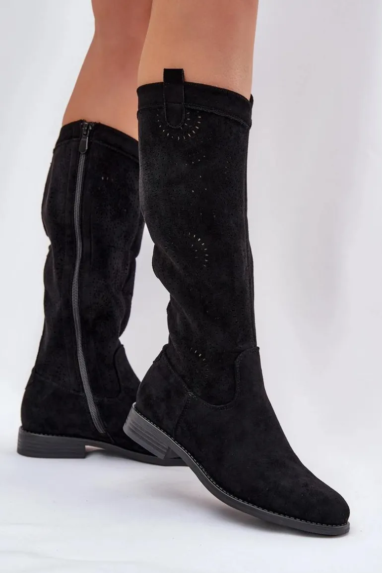 Kozaki Z Ażurową Cholewką Na Płaskim Obcasie S.Barski HY51-860 Czarne