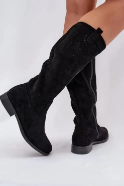 Kozaki Z Ażurową Cholewką Na Płaskim Obcasie S.Barski HY51-860 Czarne