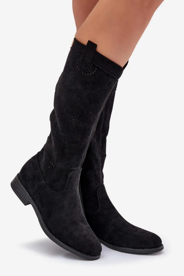 Kozaki Z Ażurową Cholewką Na Płaskim Obcasie S.Barski HY51-860 Czarne