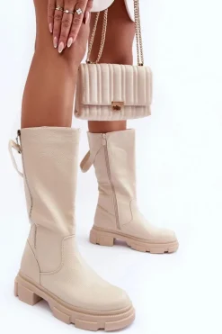 Kozaki Z Cholewką Do Połowy Łydki Jasnobeżowe Lizames