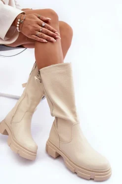 Kozaki Z Cholewką Do Połowy Łydki Jasnobeżowe Lizames