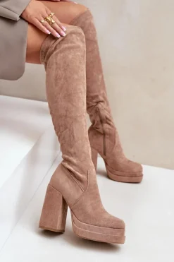 Kozaki Z Cholewką Za Kolano Na Słupku I Platformie Beżowe Nadelian