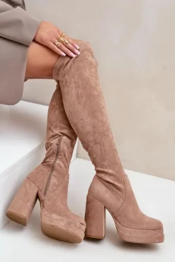 Kozaki Z Cholewką Za Kolano Na Słupku I Platformie Beżowe Nadelian