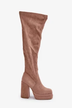 Kozaki Z Cholewką Za Kolano Na Słupku I Platformie Beżowe Nadelian