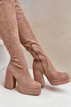 Kozaki Z Cholewką Za Kolano Na Słupku I Platformie Beżowe Nadelian