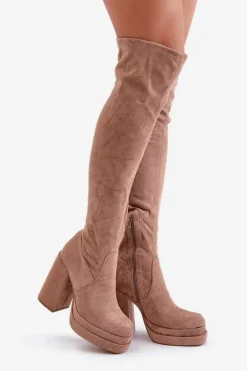 Kozaki Z Cholewką Za Kolano Na Słupku I Platformie Beżowe Nadelian