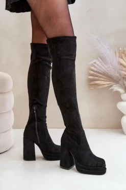 Kozaki Z Cholewką Za Kolano Na Słupku I Platformie Czarne Nadelian
